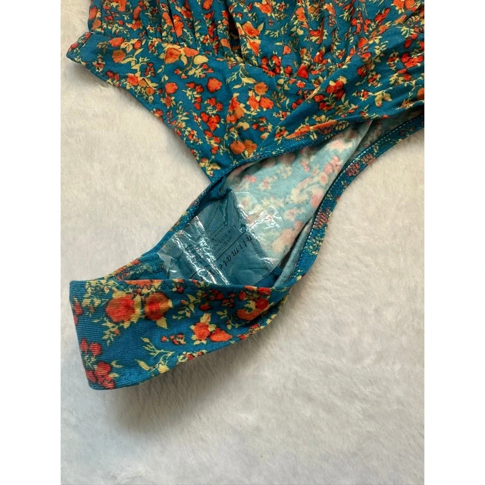 Free People Kaya Printed Bodysuit S Turquoise Floral NWT Keyhole Boho Long Slv
